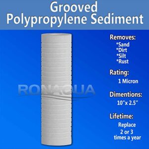 Grooved Sediment Water Filter Cartridge by Ronaqua 10"x 2.5", Four Layers of Filtration, Removes Sand, Dirt, Silt, Rust, made from Polypropylene (40 Pack, 1 Micron)