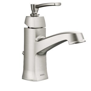 moen conway spot resist brushed nickel one-handle single hole or centerset bathroom faucet with drain assembly, ws84923