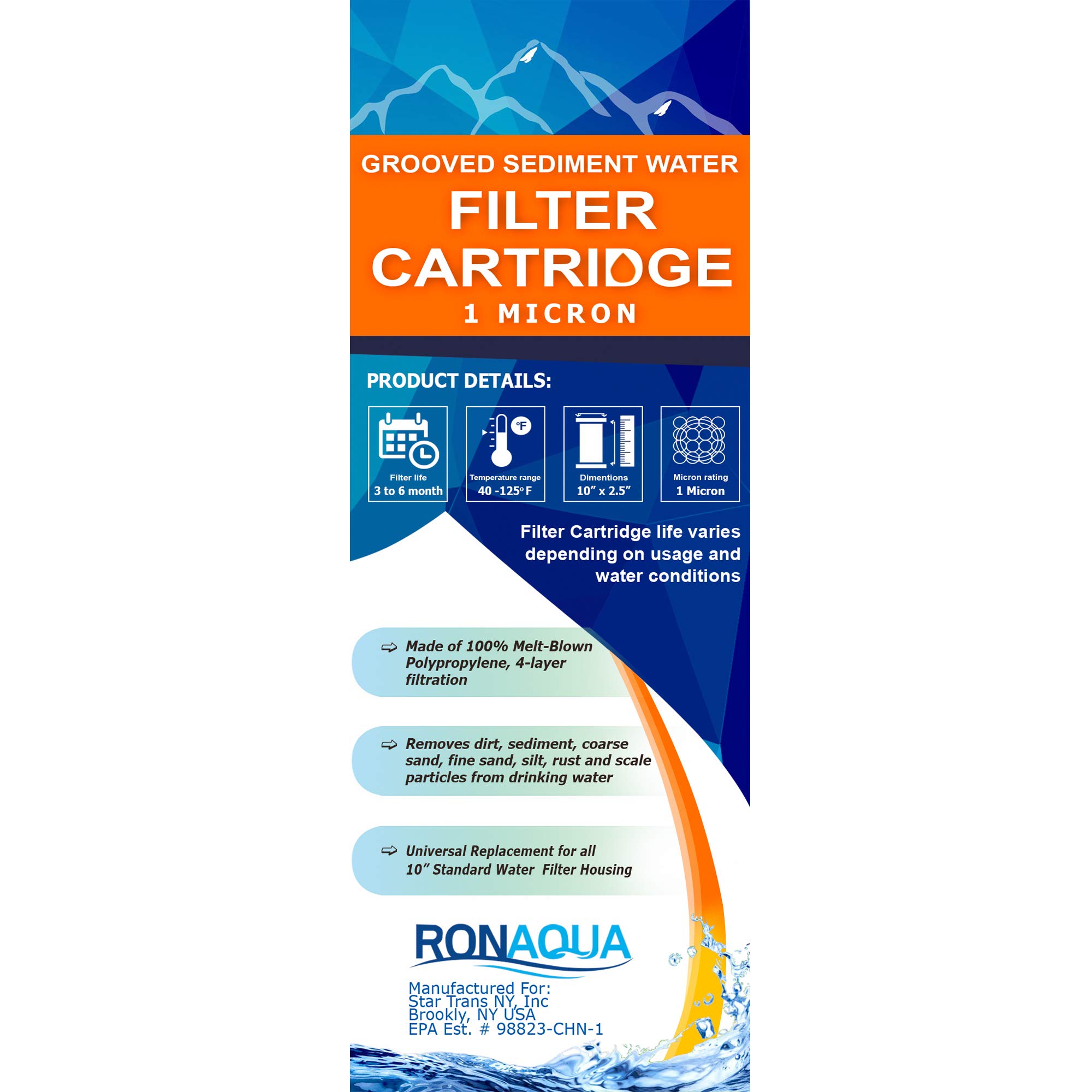 Grooved Sediment Water Filter Cartridge by Ronaqua 10"x 2.5", Four Layers of Filtration, Removes Sand, Dirt, Silt, Rust, made from Polypropylene (6 Pack, 1 Micron)