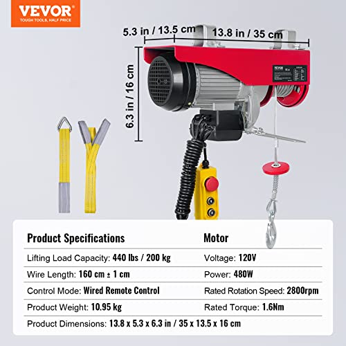 Happybuy 440 lbs Lift Electric Hoist, 110V Electric Winch with Zinc-Plated Steel Wire, 39.4 ft Lifting Garage Lift Hoist with 14ft Remote Control for Garage, Factories, Warehouses,Verandahs