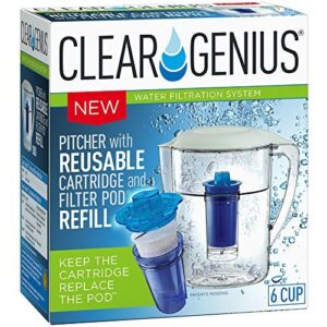 clear genius water pitcher filtration system fwp-1, includes reusable filter cartridge and filter pod refill, clear, 6-cup capacity