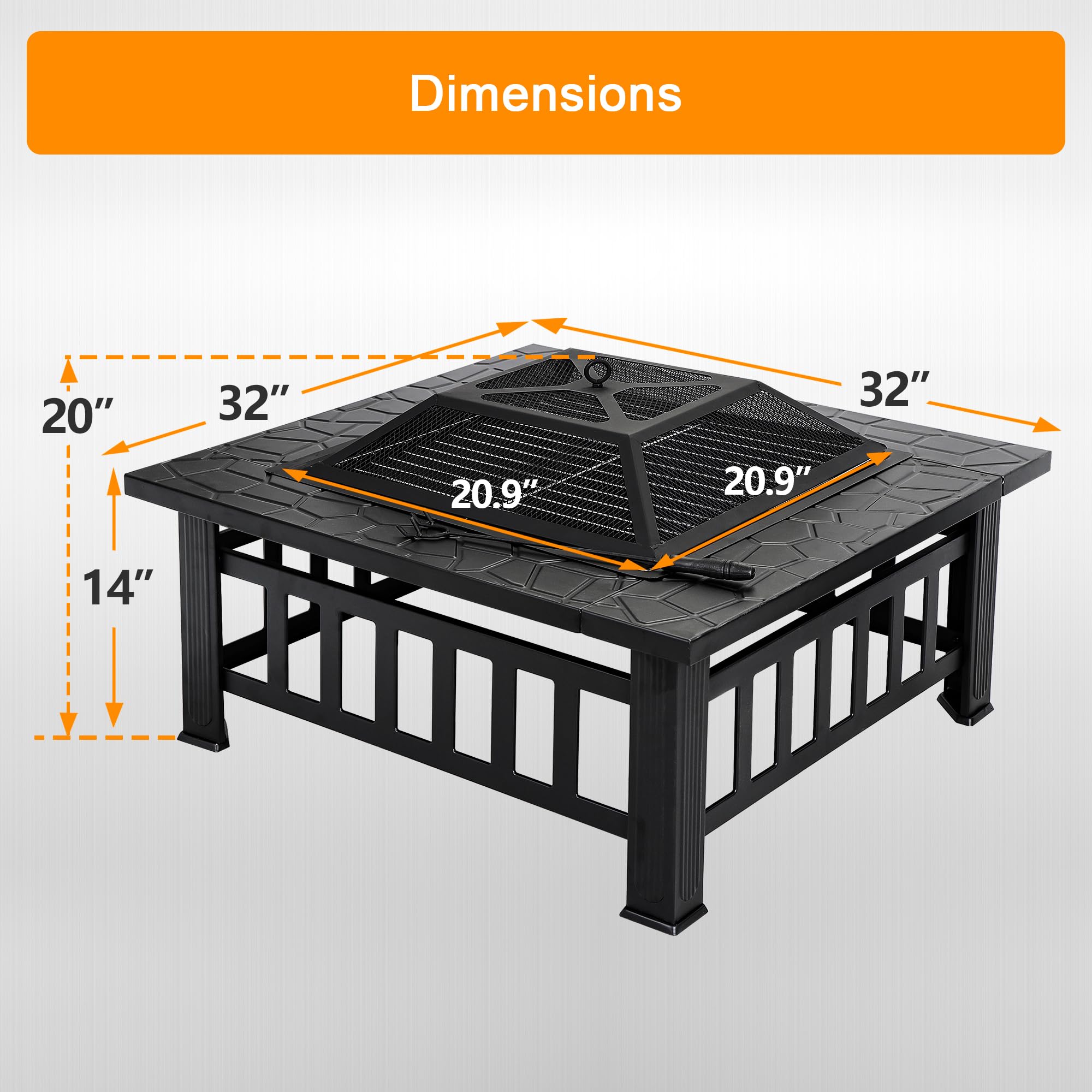 F2C 32 inch Outdoor Fire Pit Square Fireplace Metal Wood Burning Stove w/Waterproof Cover Poker, Patio Backyard Travel Camping BBQ Wood Burning