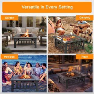 F2C 32 inch Outdoor Fire Pit Square Fireplace Metal Wood Burning Stove w/Waterproof Cover Poker, Patio Backyard Travel Camping BBQ Wood Burning