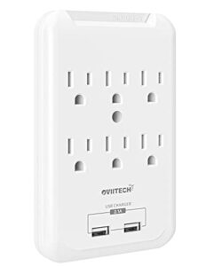 multi-function wall mount outlet adapter, surge protector charging station, oviitech dual 2.1amp usb charging ports,6 ac socket outlet splitter plugs,white,etl certified