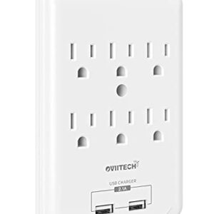 Multi-Function Wall Mount Outlet Adapter, Surge Protector Charging Station, OviiTech Dual 2.1AMP USB Charging Ports,6 AC Socket Outlet Splitter Plugs,White,ETL Certified