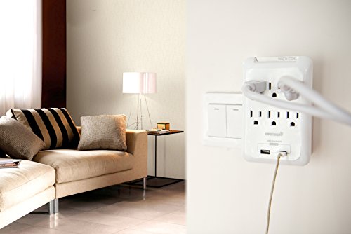 Multi-Function Wall Mount Outlet Adapter, Surge Protector Charging Station, OviiTech Dual 2.1AMP USB Charging Ports,6 AC Socket Outlet Splitter Plugs,White,ETL Certified