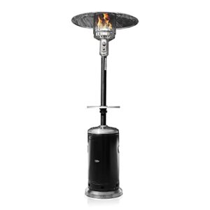 belleze 48,000 btu propane patio heater outdoor, csa certified patio heater with drink shelf table, auto shut off valve, piezo ignition system, wheels for portable mobility - black stainless steel
