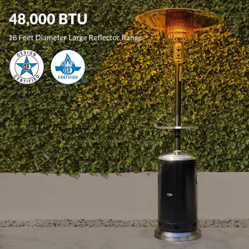 BELLEZE 48,000 BTU Propane Patio Heater Outdoor, CSA Certified Patio Heater with Drink Shelf Table, Auto Shut Off Valve, Piezo Ignition System, Wheels for Portable Mobility - Black Stainless Steel