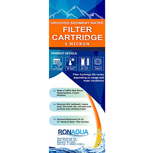 Grooved Sediment Water Filter Cartridge by Ronaqua 10"x 2.5", Four Layers of Filtration, Removes Sand, Dirt, Silt, Rust, made from Polypropylene (6 Pack, 5 Micron)