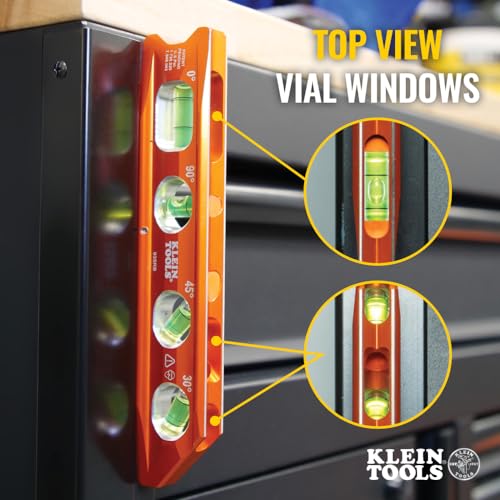 Klein Tools 935RB Torpedo Level, 8-Inch Billet Magnetic Level, 0/30/45/90 Degree Vials, V-Groove, Tapered Nose, High-Visibility Vial and Body