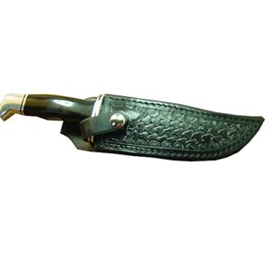 custom right-hand leather knife sheath for the buck 119 dyed black. made with authentic buffalo hide leather and has round basket-weave tooling with strap. sheath only!!!!