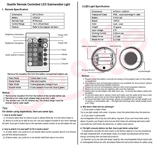 Qoolife Submersible LED Lights Remote Control Battery Powered, RGB Multi Color Changing Waterproof Light for Pool, Vase Base, Spa, Aquarium, Pond, Hot Tub, Decoration, Party, 2-Pack