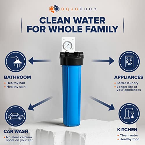 Aquaboon 20" x 4.5" Whole House Well Water Filter System with Pressure Release (1" Port) | Certified | Compatible with Pentek 150233, 150235, Geekpure BB- 20B