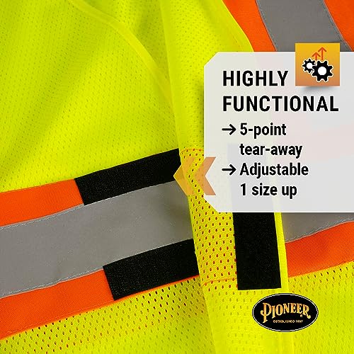Pioneer High Vis Flame Resistant Vest – For Men and Women - 3 Snap Button Front - Mesh - Reflective Tape - Yellow/Green