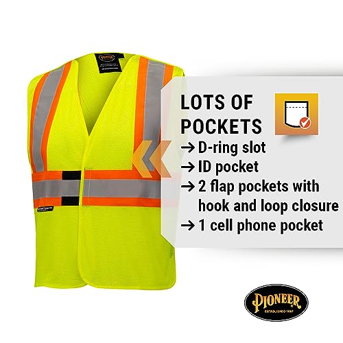 Pioneer High Vis Flame Resistant Vest – For Men and Women - 3 Snap Button Front - Mesh - Reflective Tape - Yellow/Green
