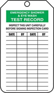 accuform 25 "emergency shower and eyewash test record" cardstock mini tags, 4.25" x 2.13", green/black on white, trm105ctp