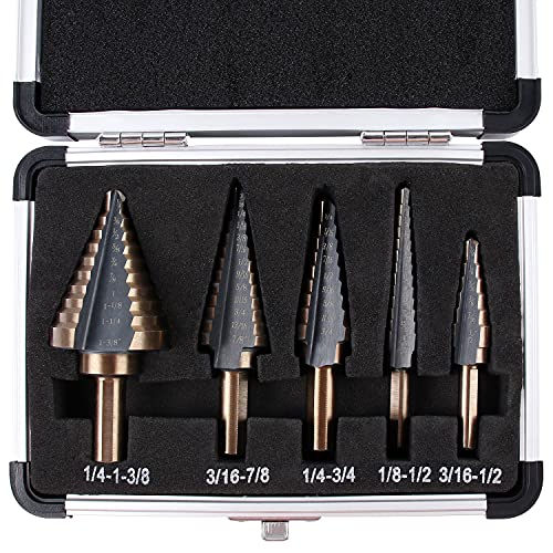 Zhushan 5pcs Step Drill Bit Set,High Speed Step Drill Bit, HSS Cobalt Multiple Hole 50 Sizes Titanium Step Drill Bit with Aluminum Case