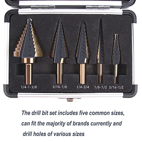 Zhushan 5pcs Step Drill Bit Set,High Speed Step Drill Bit, HSS Cobalt Multiple Hole 50 Sizes Titanium Step Drill Bit with Aluminum Case