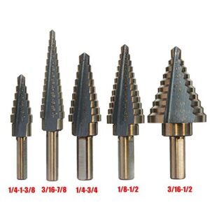 Zhushan 5pcs Step Drill Bit Set,High Speed Step Drill Bit, HSS Cobalt Multiple Hole 50 Sizes Titanium Step Drill Bit with Aluminum Case