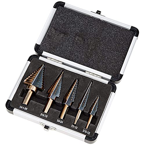 Zhushan 5pcs Step Drill Bit Set,High Speed Step Drill Bit, HSS Cobalt Multiple Hole 50 Sizes Titanium Step Drill Bit with Aluminum Case