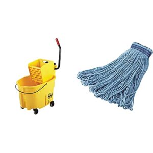 rubbermaid commercial products, wavebrake - commercial industrial mop bucket, 35 quart, yellow & rubbermaid commercial universal headband blend mop, blue, fg23800bl00