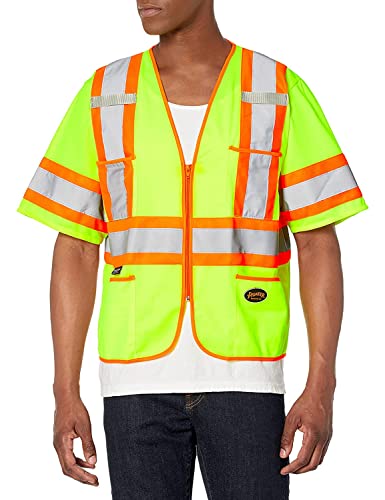 Pioneer Hi Vis Tricot Sleeved Safety Vest - High Visibility Reflective Tape - 4 Pockets - Yellow/Green - for Men & Women