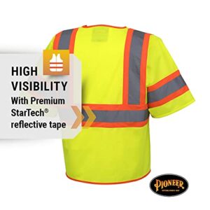 Pioneer Hi Vis Tricot Sleeved Safety Vest - High Visibility Reflective Tape - 4 Pockets - Yellow/Green - for Men & Women