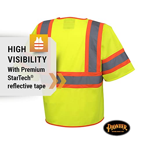 Pioneer Hi Vis Tricot Sleeved Safety Vest - High Visibility Reflective Tape - 4 Pockets - Yellow/Green - for Men & Women