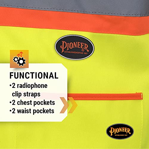 Pioneer Hi Vis Tricot Sleeved Safety Vest - High Visibility Reflective Tape - 4 Pockets - Yellow/Green - for Men & Women