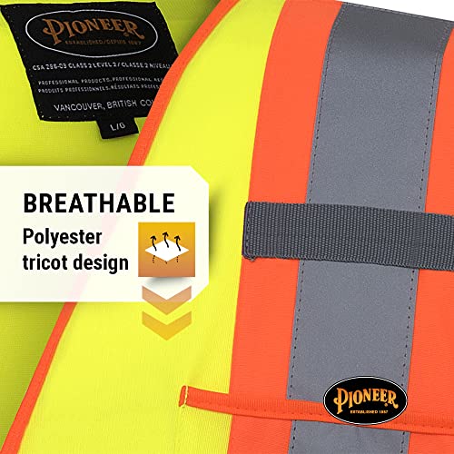 Pioneer Hi Vis Tricot Sleeved Safety Vest - High Visibility Reflective Tape - 4 Pockets - Yellow/Green - for Men & Women