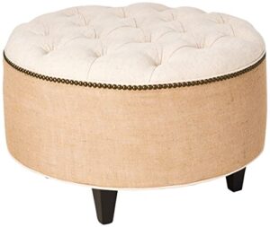 tufted round ottoman, 30" linen and burlap