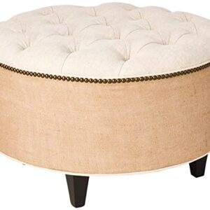 Tufted Round Ottoman, 30" Linen and Burlap