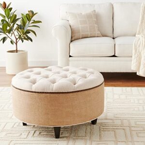 Tufted Round Ottoman, 30" Linen and Burlap