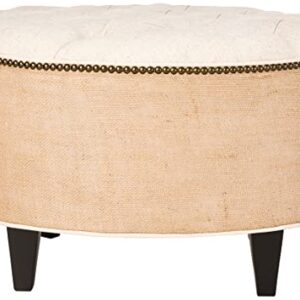 Tufted Round Ottoman, 30" Linen and Burlap
