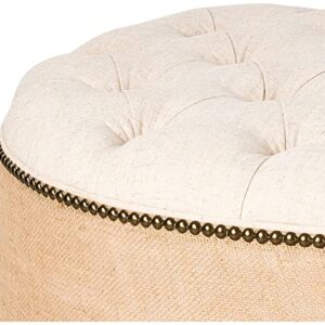 Tufted Round Ottoman, 30" Linen and Burlap