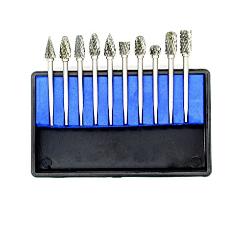 KOTVTM Double Cut Carbide Rotary Burr Set - 10 pcs 1/8" (3mm) Shank, 1/4" (6mm) Head Length Tungsten Steel Carbide Rotary Files Diamond Burrs Set for Woodworking,Drilling, Engraving, Polishing…