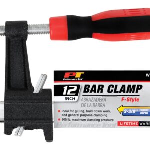 Performance Tool W3952 12-Inch Bar Clamp with F-Style Clutch, Zinc Finished Rail, Rubber Comfort Grip Handle and 600 lb Maximum Clamping Pressure