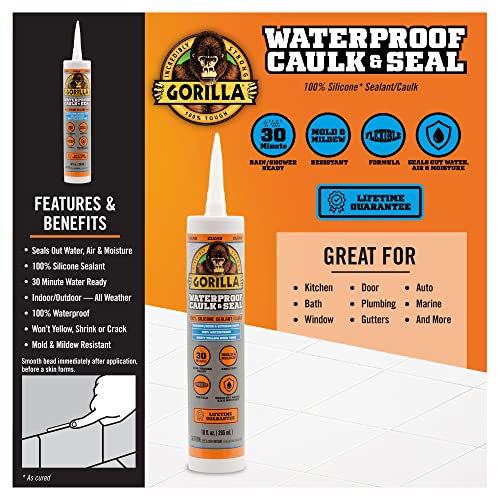 Gorilla Waterproof Caulk & Seal 100% Silicone Sealant, 10oz Cartridge, Clear (Pack of 1)