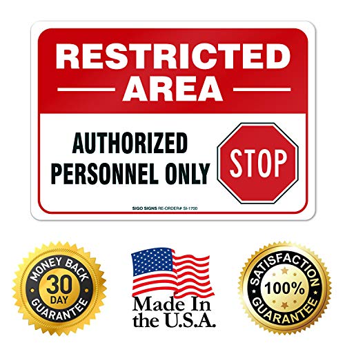 Sigo Signs Restricted Area Authorized Personnel Only Stop Sign, (2 Pack) 10x7 Inches, 4 Mil Vinyl Decal Stickers Weather Resistant, Made in USA by Sigo Signs