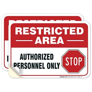 sigo signs restricted area authorized personnel only stop sign, (2 pack) 10x7 inches, 4 mil vinyl decal stickers weather resistant, made in usa by sigo signs