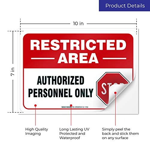 Sigo Signs Restricted Area Authorized Personnel Only Stop Sign, (2 Pack) 10x7 Inches, 4 Mil Vinyl Decal Stickers Weather Resistant, Made in USA by Sigo Signs