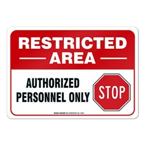 Sigo Signs Restricted Area Authorized Personnel Only Stop Sign, (2 Pack) 10x7 Inches, 4 Mil Vinyl Decal Stickers Weather Resistant, Made in USA by Sigo Signs