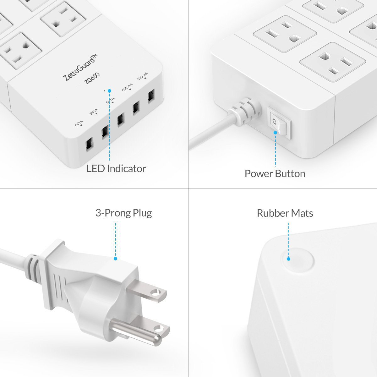 Zettaguard ZG650 WHT Mini 6-Outlet Travel Power Strip/Surge Protector USB Charger & 5' Power Cord, White