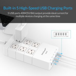 Zettaguard ZG650 WHT Mini 6-Outlet Travel Power Strip/Surge Protector USB Charger & 5' Power Cord, White