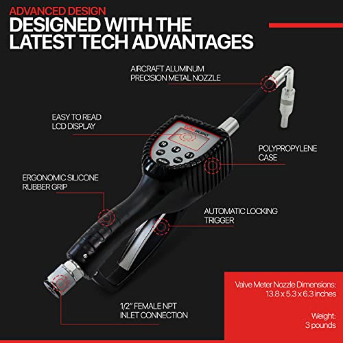 Lubeworks Oil Control Valve Meter Nozzle Preset Digital 10 Gpm / 35 Lpm Heavy Duty Air Operated Pneumatic 1/2" Inch Npt Inlet Pressure Range 7-1000 Psi / 0.5-70 Bar Flexible Spout
