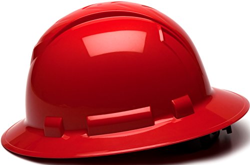 Pyramex Ridgeline Full Brim Hard Hat, 4-Point Ratchet Suspension, Red