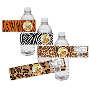 jungle safari party water bottle labels by adore by nat - animal print baby shower party drink stickers - set of 12