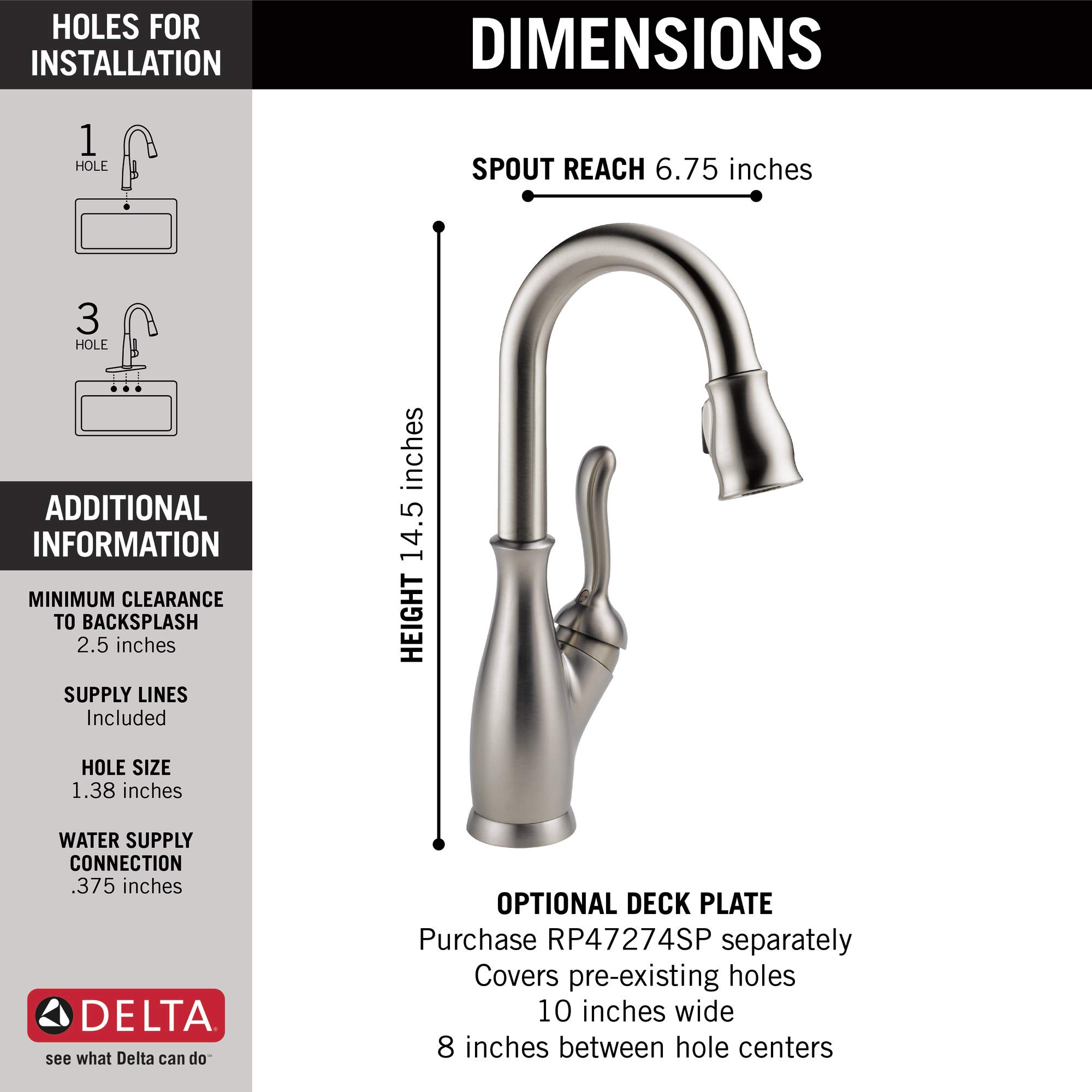 Delta Faucet Leland Bar Faucet Brushed Nickel, Bar Sink Faucet Single Hole, Wet Bar Faucets with Pull Down Sprayer, Prep Sink Faucet, Faucet for Bar Sink, SpotShield Stainless 9678-SP-DST