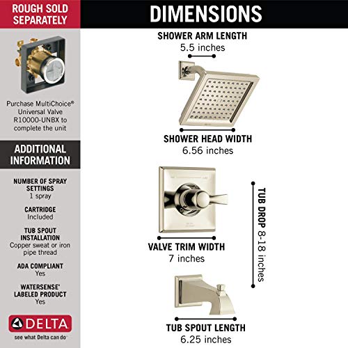 Delta Faucet Dryden 14 Series Single-Function Tub and Shower Trim Kit with Single-Spray Touch-Clean Shower Head, Polished Nickel, 2.0 GPM Water Flow, T14451-PN-WE (Valve Not Included)