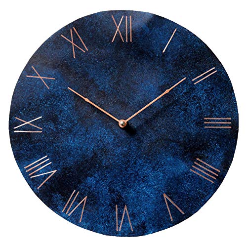 InTheTime 12-inch Bent Copper Wall Clock Blue Round Large Silent Non-Ticking Unique Handmade - 7th Wedding Anniversary Gift Idea Rustic Farmhouse Native American Southwest Home Kitchen Art Decor
